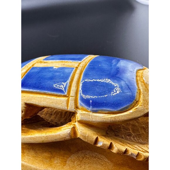 Egyptian Blue Sand Scarab Beetle Statue Heiroglyphics on bottom REPAIRED READ - Picture 15 of 16